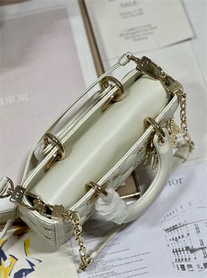 CD Small Lady D-Joy Bag Cannage Lambskin With Golden Butterfly Gold Tone Metal White