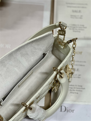 CD Small Lady D-Joy Bag Cannage Lambskin With Golden Butterfly Gold Tone Metal White