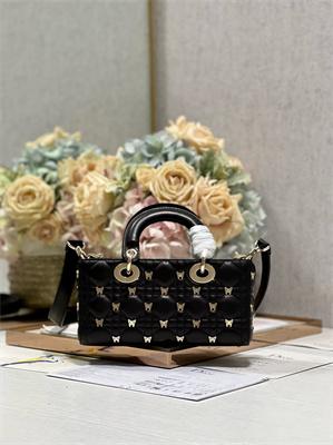CD Small Lady D-Joy Bag Cannage Lambskin With Golden Butterfly Gold Tone Metal Black