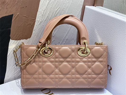CD Small Lady D-Joy Bag Cannage Lambskin Gold Tone Metal Dusty Pink