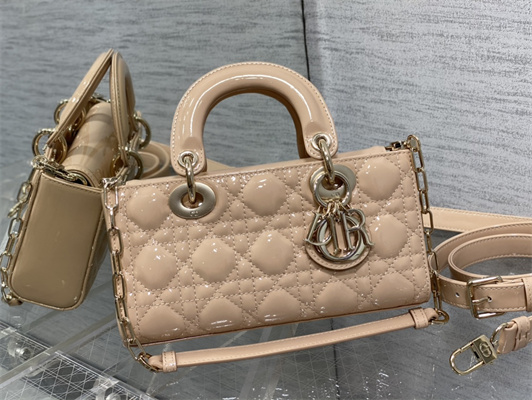 CD Small Lady D-Joy Bag Patent Cannage Calfskin Gold Tone Metal Nude Pink