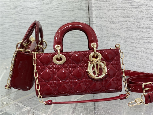 CD Small Lady D-Joy Bag Patent Cannage Calfskin Gold Tone Metal Cherry Red