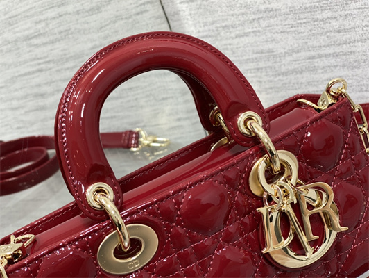 CD Small Lady D-Joy Bag Patent Cannage Calfskin Gold Tone Metal Cherry Red