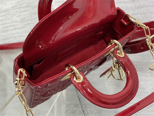 CD Small Lady D-Joy Bag Patent Cannage Calfskin Gold Tone Metal Cherry Red