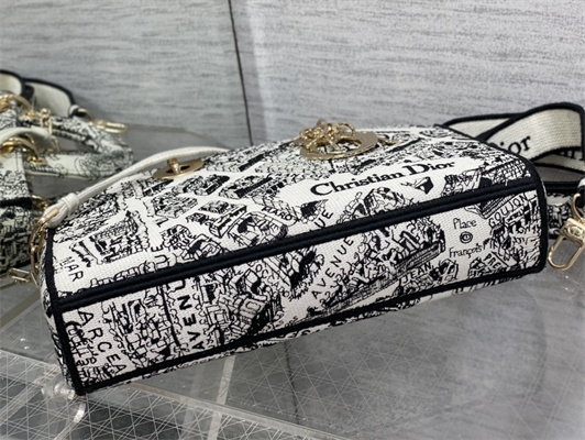 CD Medium Lady D-Joy Bag Plan de Paris Embroidery White and Black