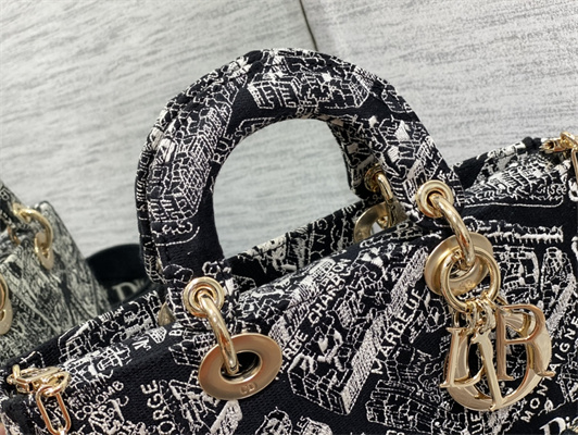 CD Medium Lady D-Joy Bag Plan de Paris Embroidery Black and White