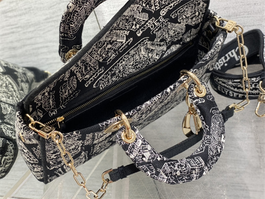 CD Medium Lady D-Joy Bag Plan de Paris Embroidery Black and White