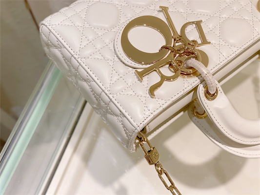 CD Medium Lady D-Joy Bag Cannage Lambskin Gold Tone Metal Latte