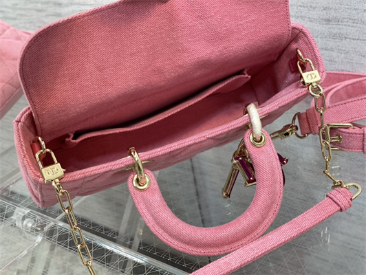 CD Medium Lady D-Joy Bag Cannage Denim Pink Gold Tone Metal