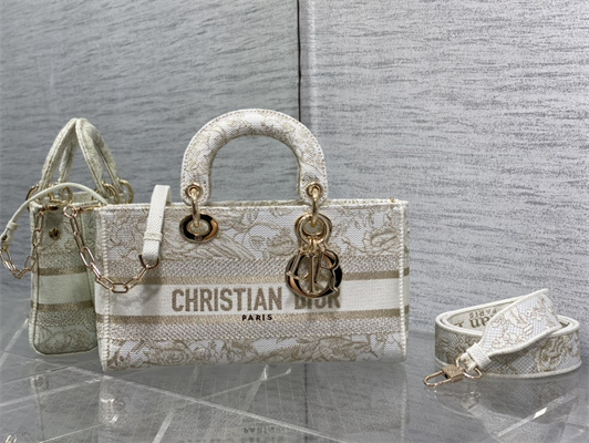 CD Medium Lady D-Joy Bag Jardin d’Hiver Embroidery Gold Tone and White