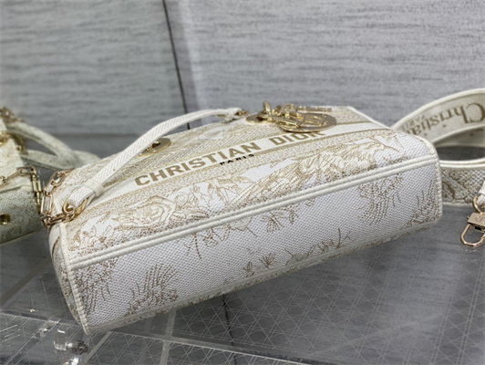 CD Medium Lady D-Joy Bag Jardin d’Hiver Embroidery Gold Tone and White