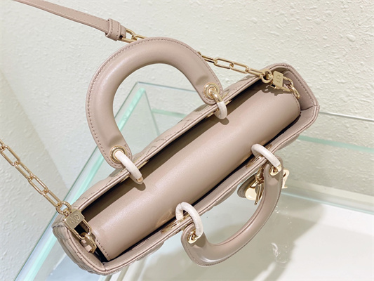 CD Medium Lady D-Joy Bag Cannage Lambskin Gold Tone Metal Sand