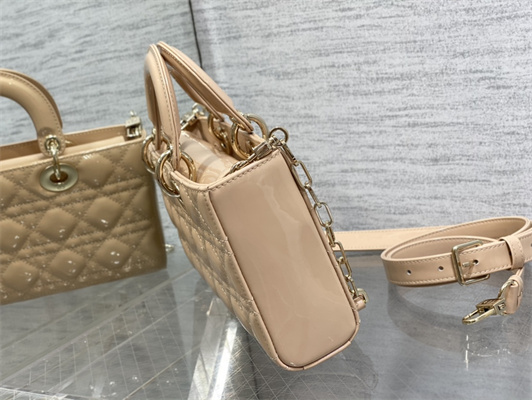 CD Medium Lady D-Joy Bag Patent Cannage Calfskin Gold Tone Metal Nude Pink