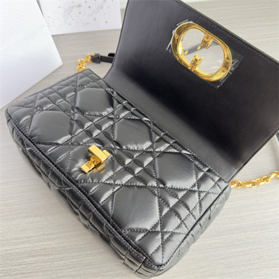 CD Medium Di.or Caro Bag Quilted Macrocannage Calfskin Gold Tone Metal Black