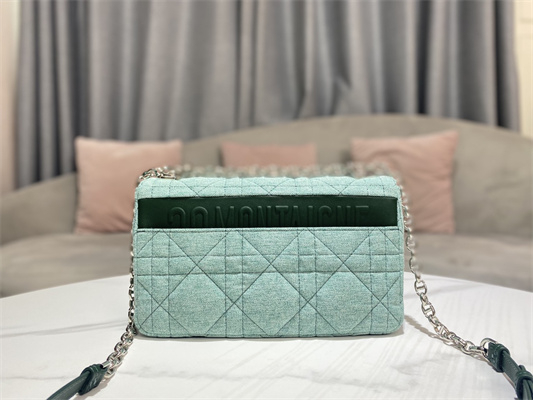 CD Medium Di.or Caro Bag Macrocannage Linen Silver Tone Metal Green