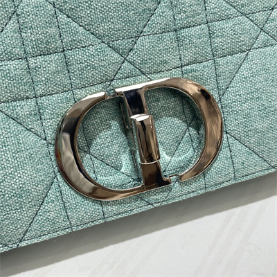 CD Small Di.or Caro Bag Macrocannage Linen Silver Tone Metal Green
