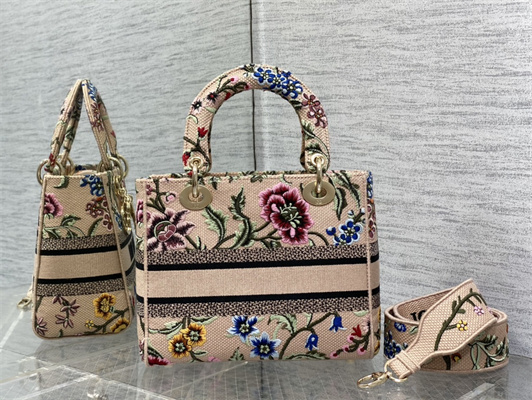 CD Medium Lady Di.or D-Lite Bag Petites Fleurs Embroidery Beige