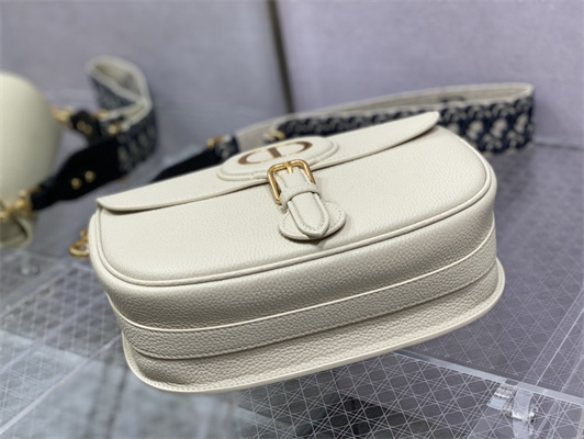 CD Large Di.or Bobby Bag White Grained Calfskin With Blue Di.or Oblique Emb Shoulder Strap