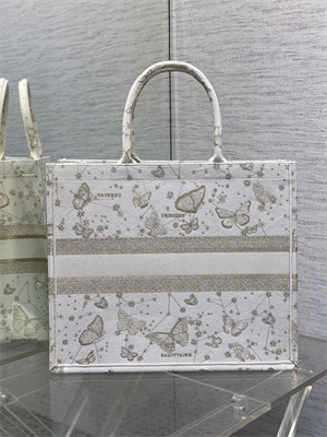 CD Large Book Tote Butterfly Zodiac Embroidery Gold Tone and White