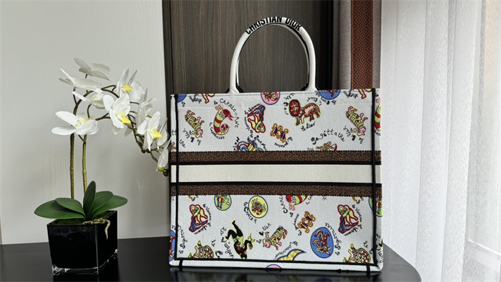 CD Large Book Tote Dragon Zodiac Embroidery White Multicolor
