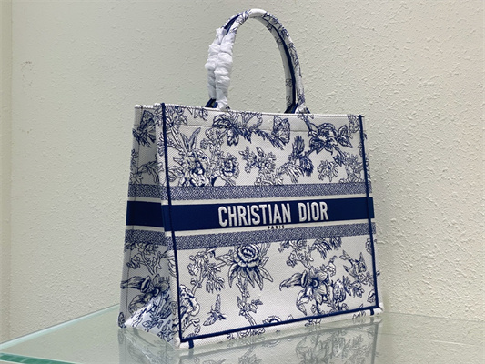 CD Large Book Tote Jardin Botanique Embroidery White and Blue