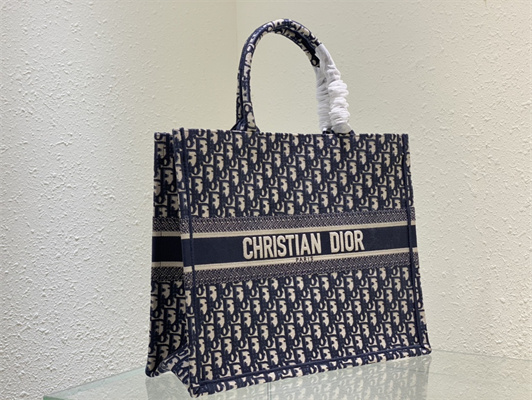 CD Large Book Tote Ecru and Blue Oblique Embroidery