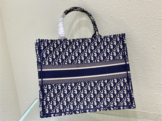 CD Large Book Tote Ecru and Blue Oblique Embroidery