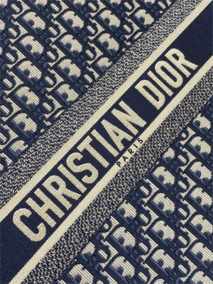 CD Large Book Tote With Strap Ecru and Blue Oblique Embroidery