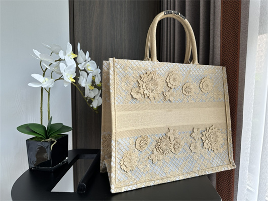 CD Large Book Tote Beige D-Lace Flowers Embroidery With Macrame Effect