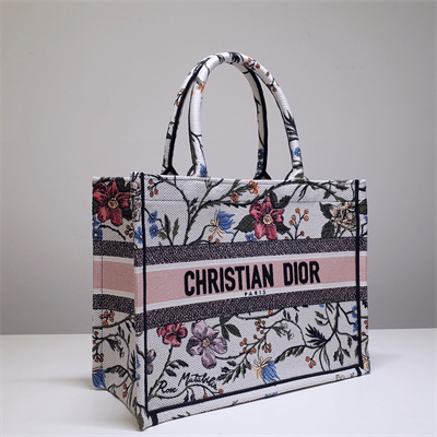 CD Medium Book Tote Rosa Mutabilis Embroidery White Multicolor