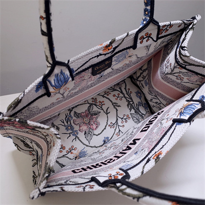 CD Medium Book Tote Rosa Mutabilis Embroidery White Multicolor