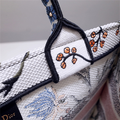 CD Medium Book Tote Rosa Mutabilis Embroidery White Multicolor