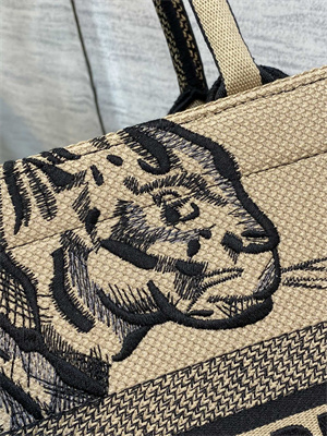CD Medium Book Tote Jute Canvas Embroidery With Tiger