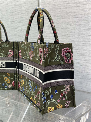 CD Medium Book Tote Petites Fleurs Embroidery Kaki Green Multicolor