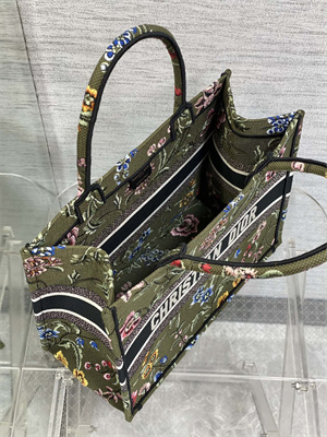 CD Medium Book Tote Petites Fleurs Embroidery Kaki Green Multicolor