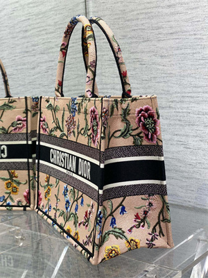 CD Medium Book Tote Petites Fleurs Embroidery Nude Beige Multicolor