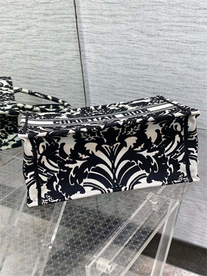 CD Medium Book Tote Firebloom Embroidery White and Black