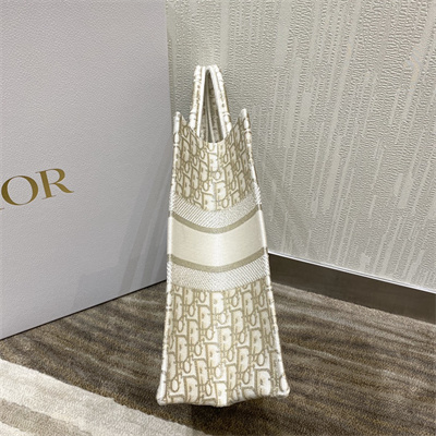 CD Medium Book Tote White and Gold Tone Oblique Embroidery