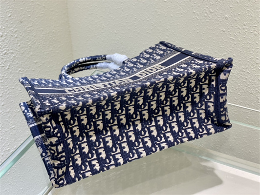 CD Medium Book Tote Ecru and Blue Oblique Embroidery