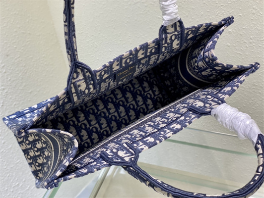 CD Medium Book Tote Ecru and Blue Oblique Embroidery