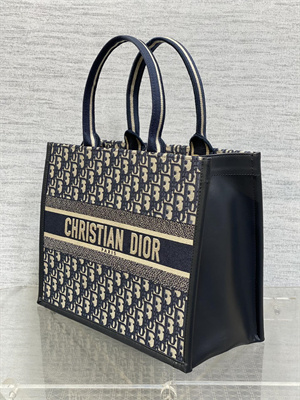 CD Medium Book Tote With Strap Ecru and Blue Oblique Embroidery