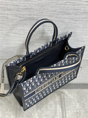 CD Medium Book Tote With Strap Ecru and Blue Oblique Embroidery