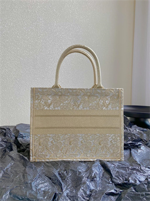 CD Medium Book Tote Beige D-Lace Embroidery With Macrame Effect