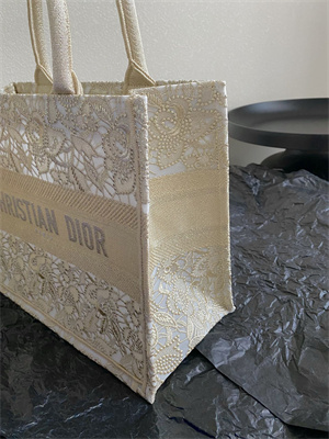 CD Medium Book Tote Beige D-Lace Embroidery With Macrame Effect
