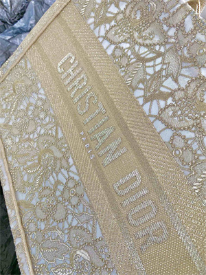 CD Medium Book Tote Beige D-Lace Embroidery With Macrame Effect