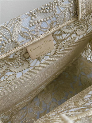 CD Medium Book Tote Beige D-Lace Embroidery With Macrame Effect