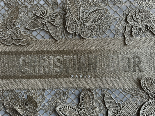 CD Medium Book Tote Beige D-Lace Butterfly Embroidery With Macrame Effect