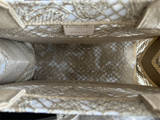 CD Medium Book Tote Beige D-Lace Butterfly Embroidery With Macrame Effect