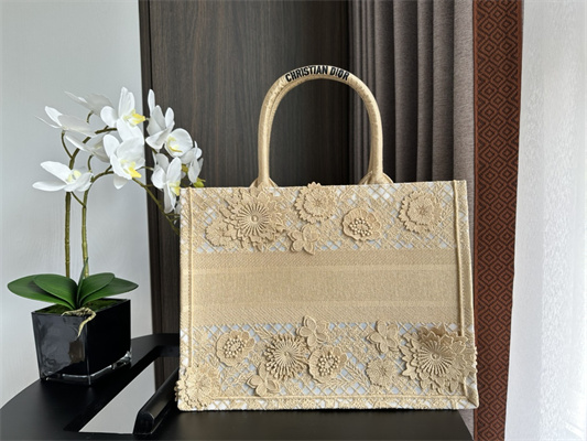 CD Medium Book Tote Beige D-Lace Flowers Embroidery With Macrame Effect