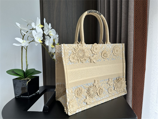 CD Medium Book Tote Beige D-Lace Flowers Embroidery With Macrame Effect